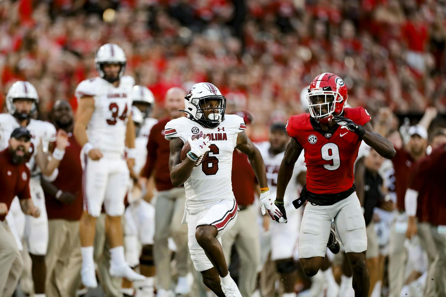 Senior wide receiver Josh Vann runs a breakout play in the first quarter of South Carolina's game against Georgia on Sept. 18, 2021.