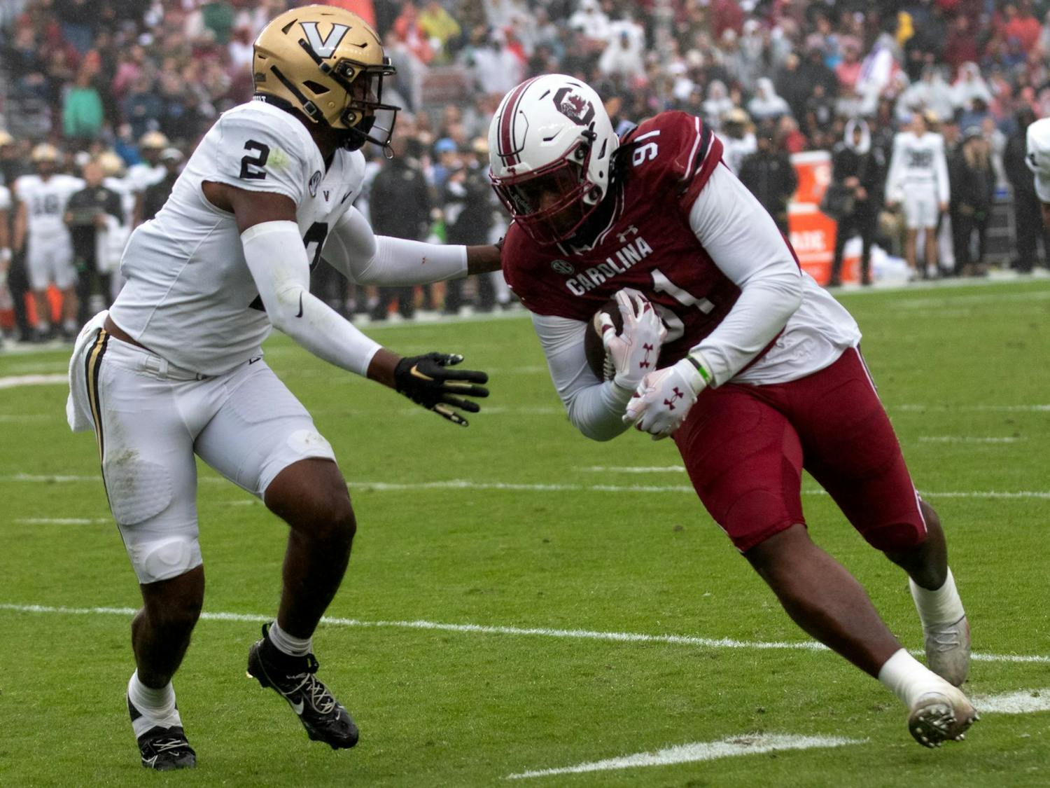 Senior defensive tackle Tonka Hemingway runs with the ball during the Gamecocks' 47-6 victory over the Commodores. Hemingway totaled five tackles in the game, bringing him to 30 tackles on the season.