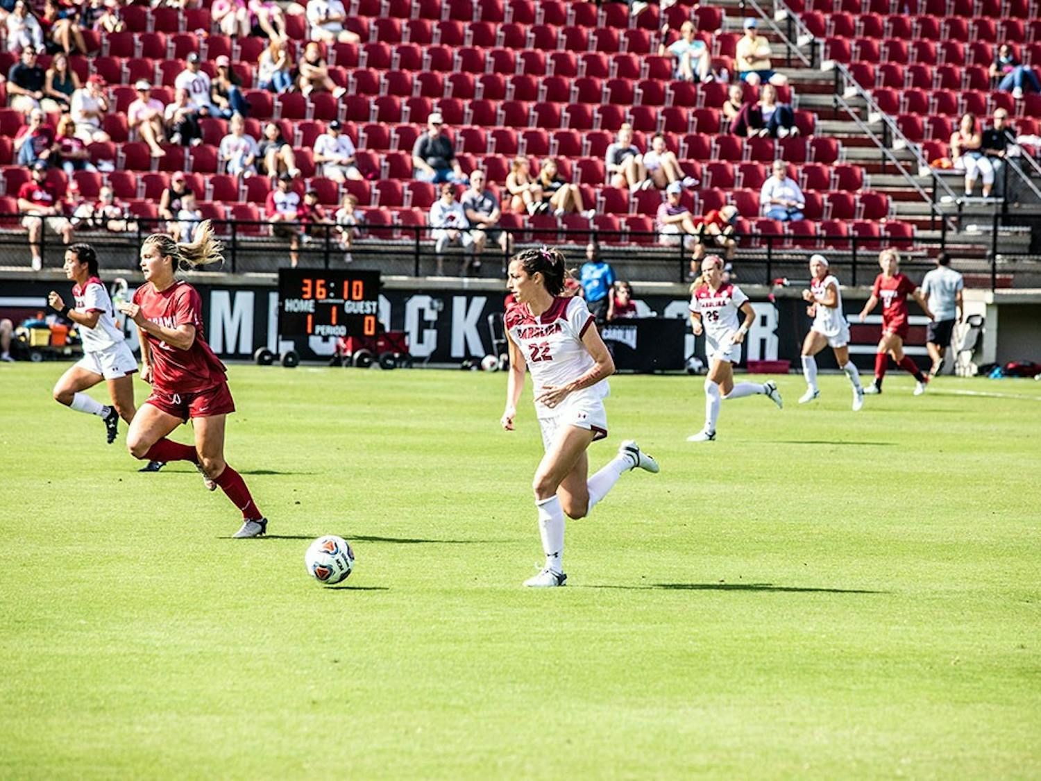 Graduate forward Ryan Gareis runs towards the goal during the South Carolina versus Alabama soccer game on Oct. 24, 2021. The Gamecocks lost 2-1 to the Auburn Tigers in the quarterfinals of the SEC Tournament. 