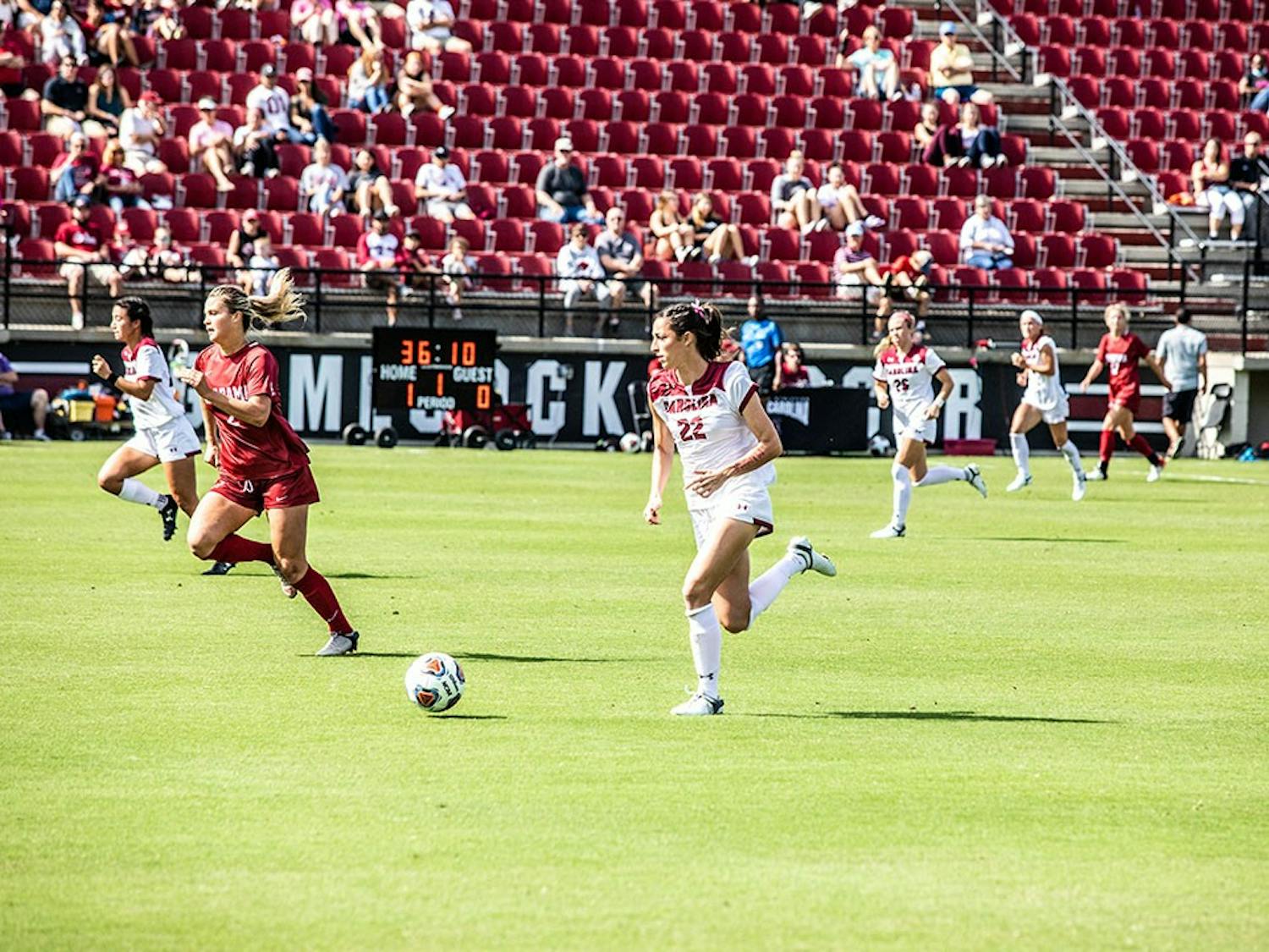 Graduate forward Ryan Gareis runs towards the goal during the South Carolina versus Alabama soccer game on Oct. 24, 2021. The Gamecocks lost 2-1 to the Auburn Tigers in the quarterfinals of the SEC Tournament.&nbsp;