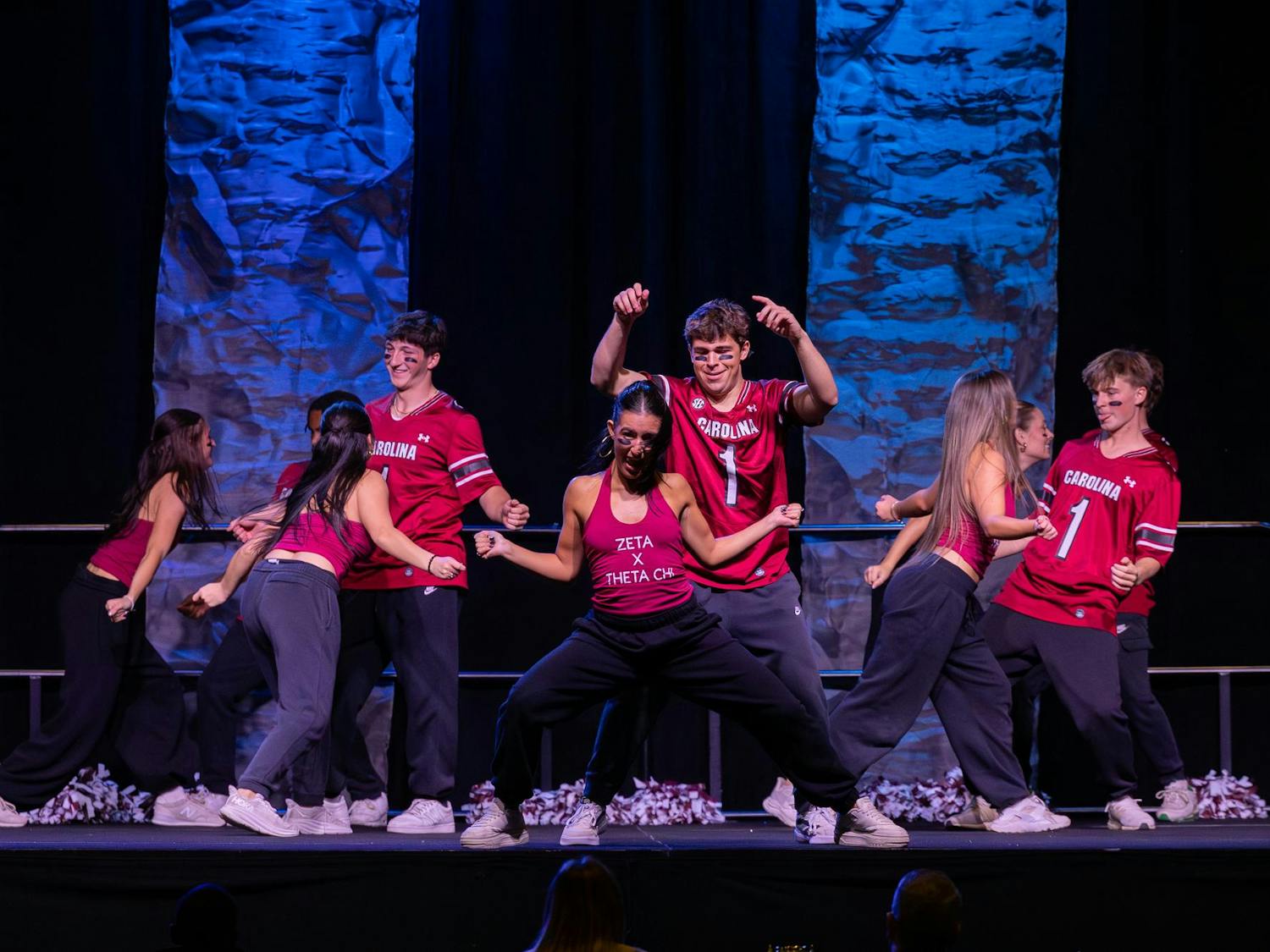 Members of Zeta Tau Alpha and Theta Chi perform their choreography for Spurs & Struts on Oct. 22, 2025, at the Columbia Metropolitan Convention Center. The annual dance competition features different Greek organizations and clubs from around campus.