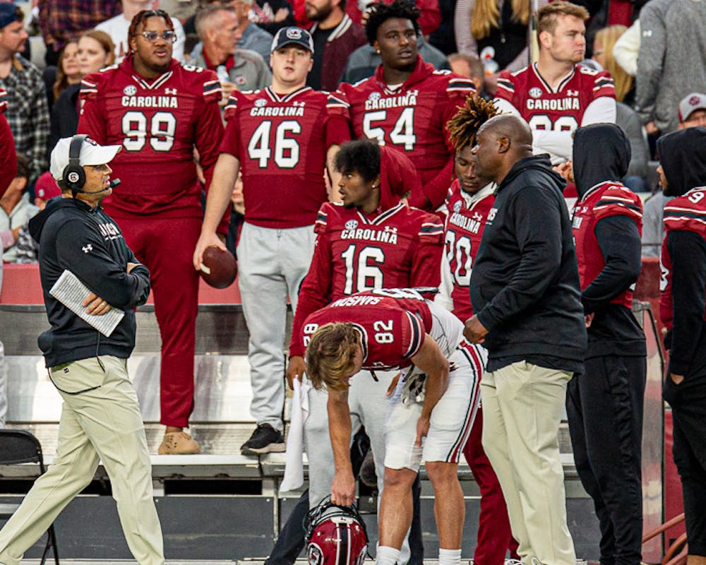 <p>Junior wide receiver Corey Rucker (No.16) stands on the sidelines during the South Carolina's matchup with Missouri game on Oct. 29, 2022. Rucker sustained a foot injury during the South Carolina pre-season camp over the summer that will now require surgery and keep him on the sidelines for the rest of the season.</p>