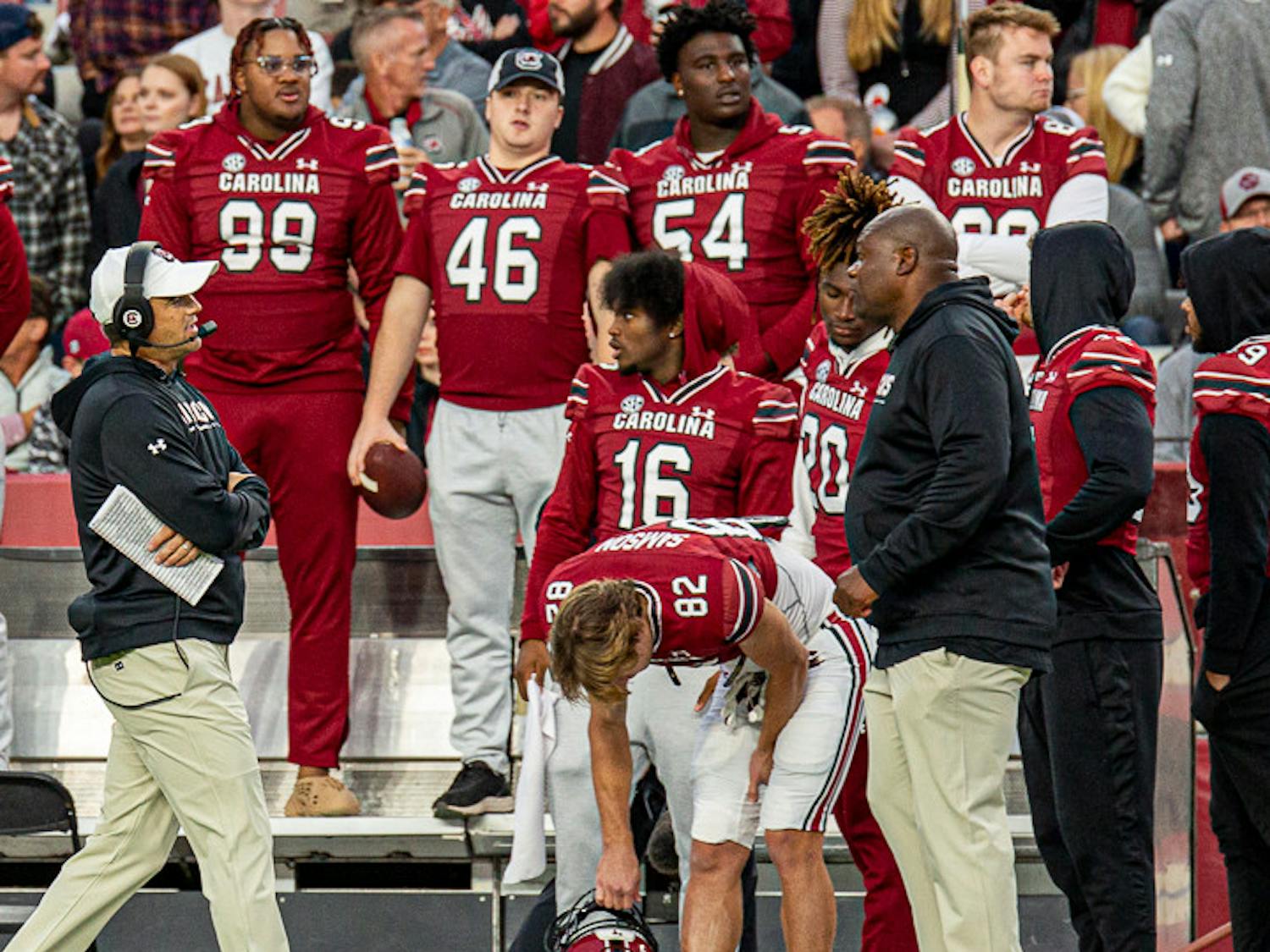 Junior wide receiver Corey Rucker (No.16) stands on the sidelines during the South Carolina's matchup with Missouri game on Oct. 29, 2022. Rucker sustained a foot injury during the South Carolina pre-season camp over the summer that will now require surgery and keep him on the sidelines for the rest of the season.