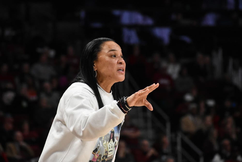 <p>FILE—Head coach Dawn Staley gives the South Carolina women's basketball team pointers while playing on offense against Missouri. The team played the Tigers on Jan. 15, 2023 and won 81-50.</p>