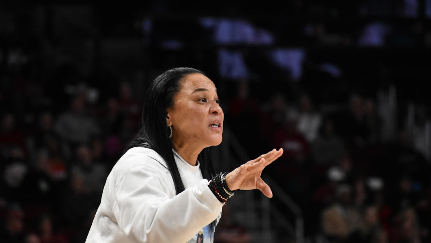 FILE—Head coach Dawn Staley gives the South Carolina women's basketball team pointers while playing on offense against Missouri. The team played the Tigers on Jan. 15, 2023 and won 81-50.