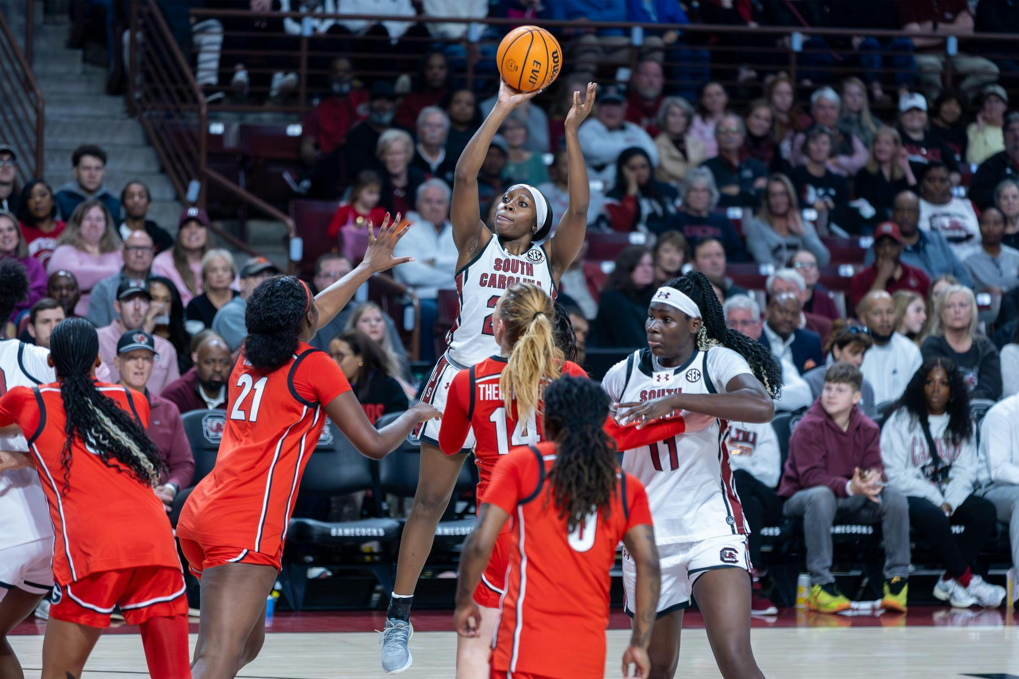 Senior guard Raven Johnson shoots the ball during the game against Georgia on Jan. 11, 2026. Johnson started the game, scored 10 points, and made one block.