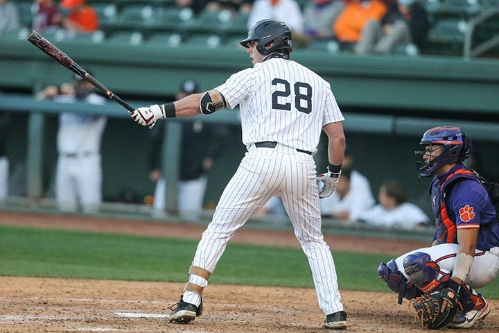 Junior designated hitter Wes Clarke at the plate in South Carolina's first win over Clemson this weekend. The Gamecocks beat the Tigers with walk-off hits in both games in the series.