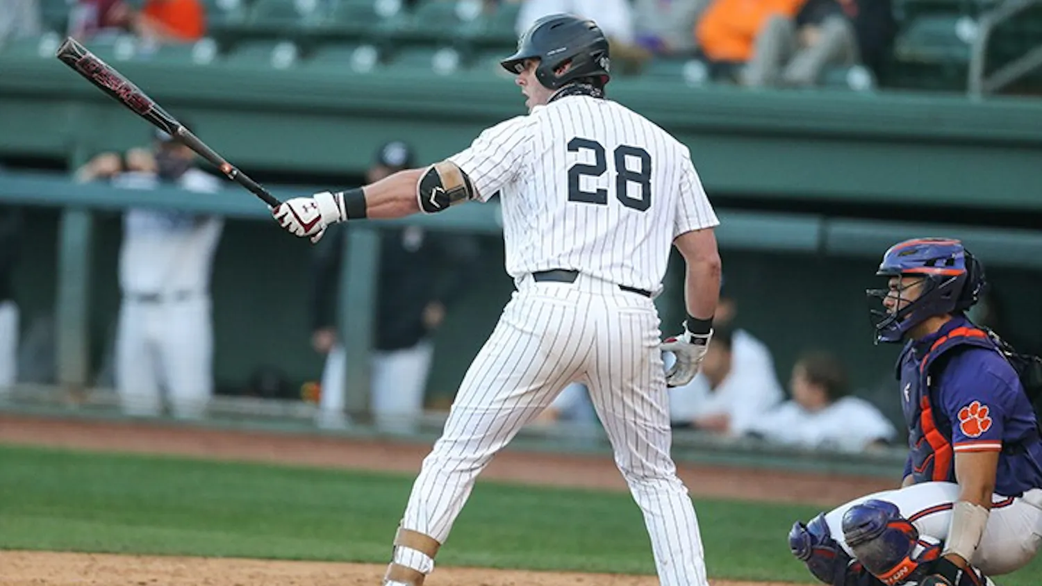 Junior designated hitter Wes Clarke at the plate in South Carolina's first win over Clemson this weekend. The Gamecocks beat the Tigers with walk-off hits in both games in the series.