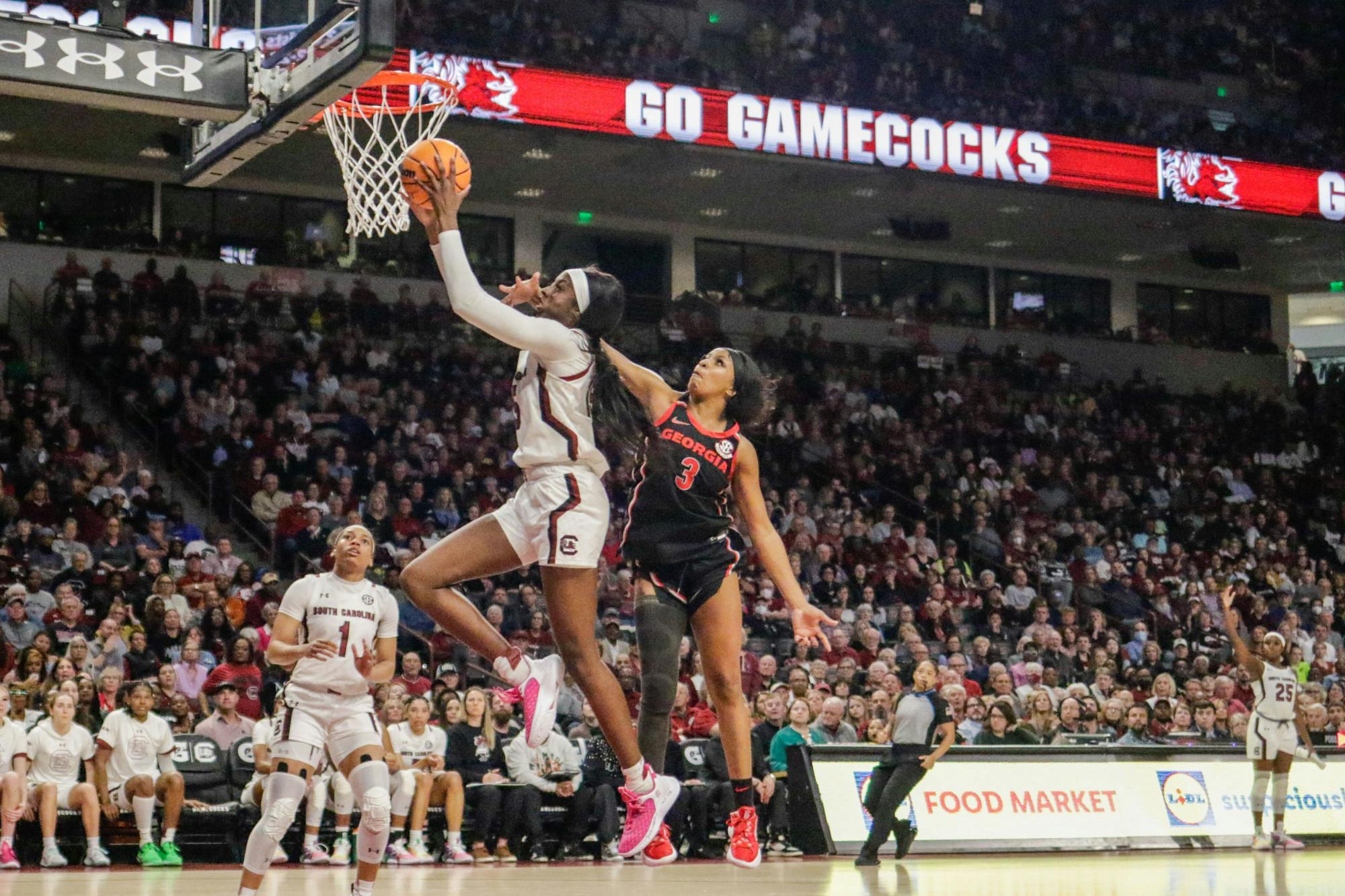 Senior forward Laeticia Amihere goes up for a shot during South Carolina’s game against Georgia at Colonial Life Arena on Feb. 26, 2023. The Gamecocks beat the Bulldogs 73-63.