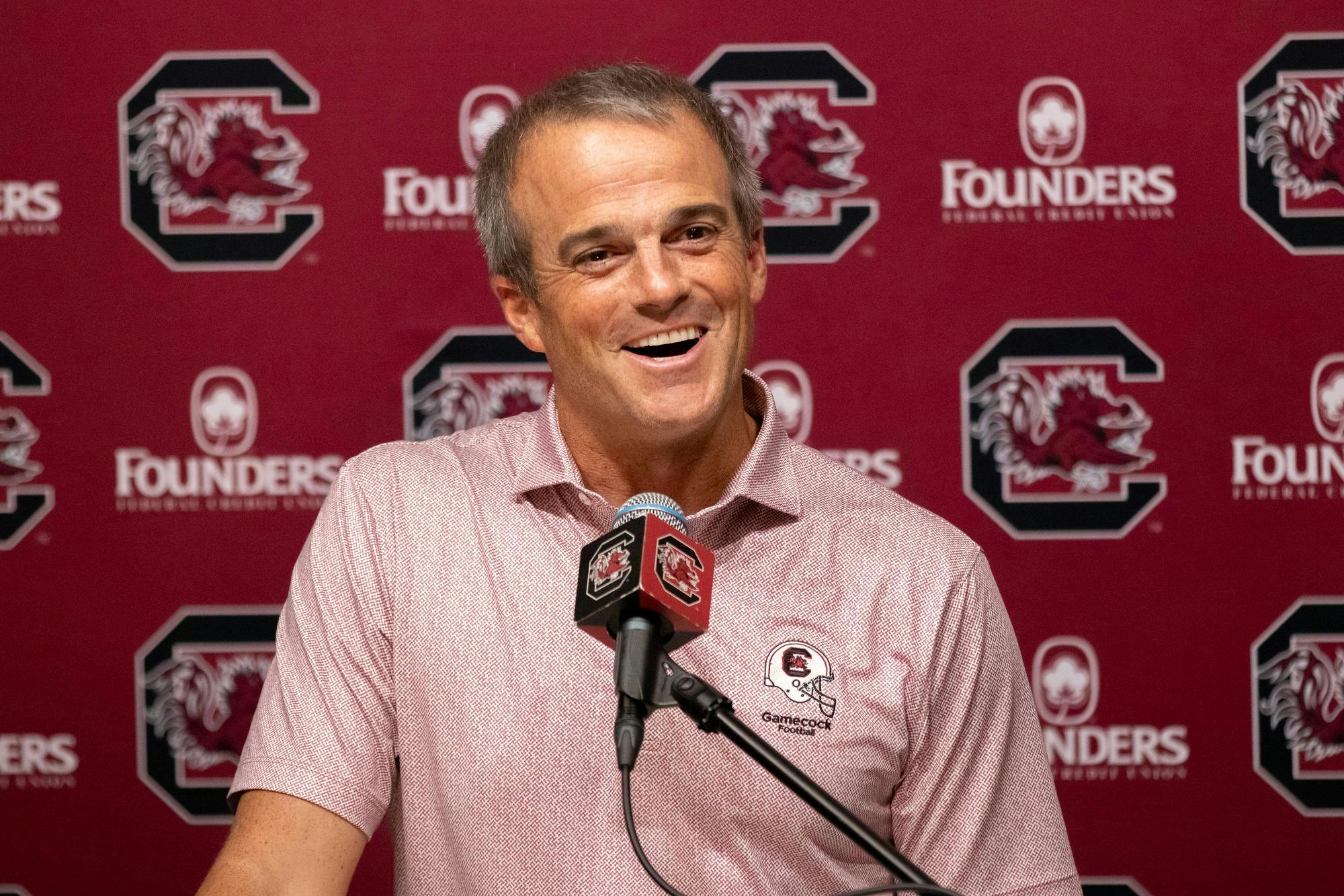 FILE - Head coach Shane Beamer speaks at the Beamer Presser on Oct. 1, 2024. 