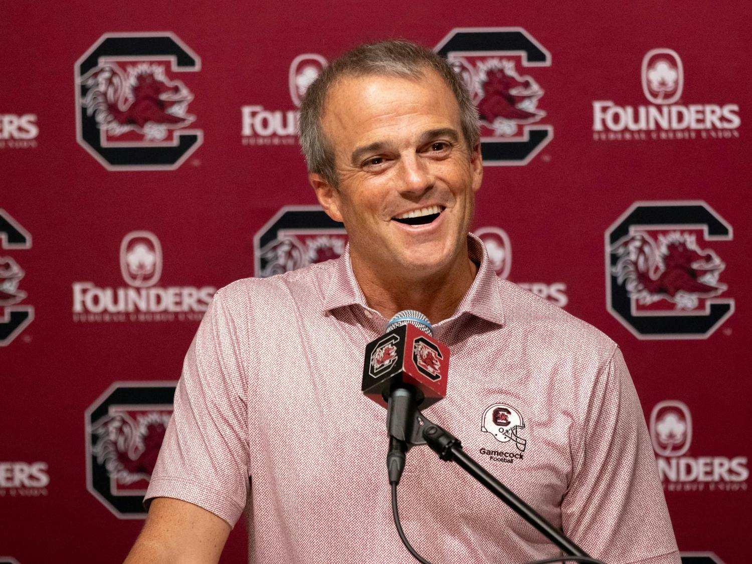 FILE - Head coach Shane Beamer speaks at the Beamer Presser on Oct. 1, 2024.