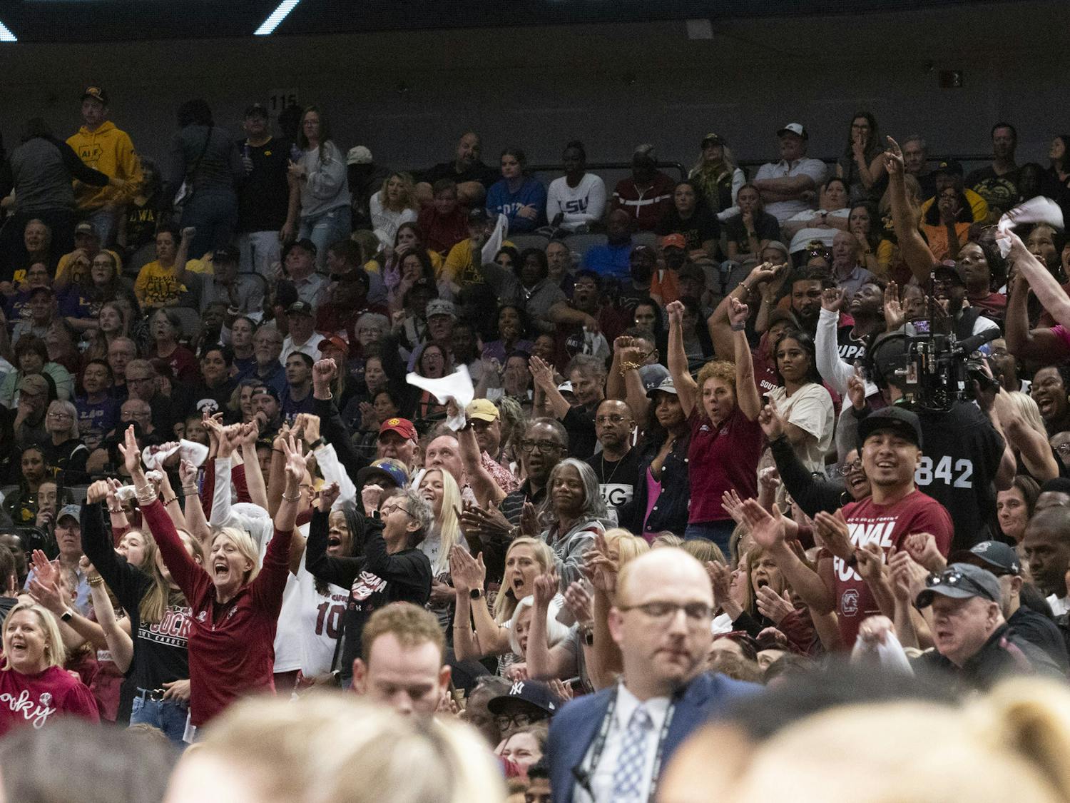 Gamecock fans cheer on and support their team at the Women’s Final Four match on March 31, 2023. Despite their loud cheers, the Gamecocks fell to the Hawkeyes 77-73.
