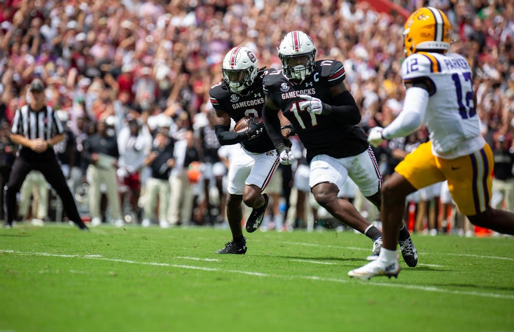 <p>Redshirt senior defensive back O’Donnell Fortune runs back the interception he caught from LSU on Sept. 14, 2024. The Gamecocks suffered 13 penalties throughout the game. </p>