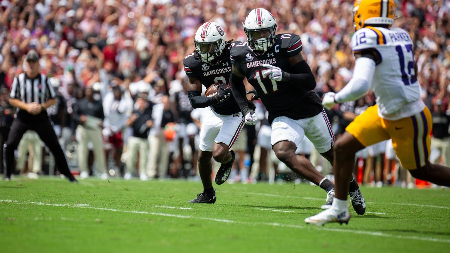 Redshirt senior defensive back O’Donnell Fortune runs back the interception he caught from LSU on Sept. 14, 2024. The Gamecocks suffered 13 penalties throughout the game.