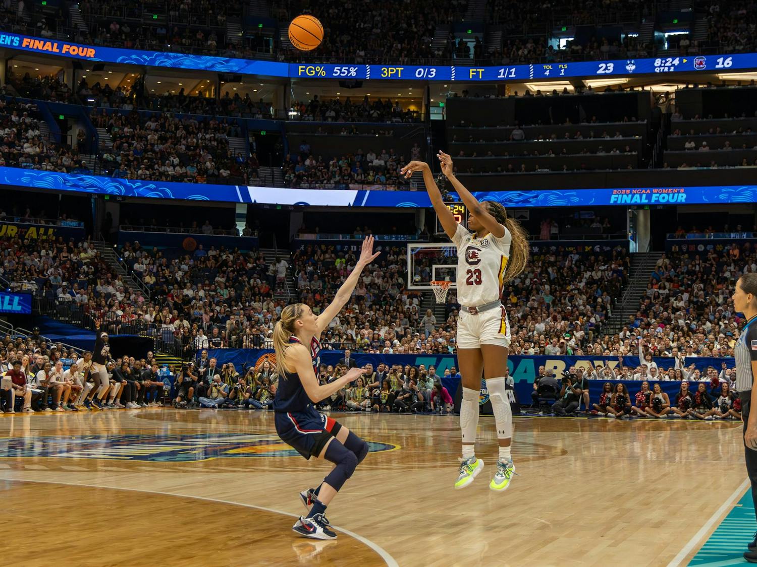 Senior guard Bree Hall shoots from the three-point line during South Carolina's matchup against UConn in the National Championship on April 6, 2025 at Amalie Arena. Hall started for the Gamecocks, playing for 24 minutes.