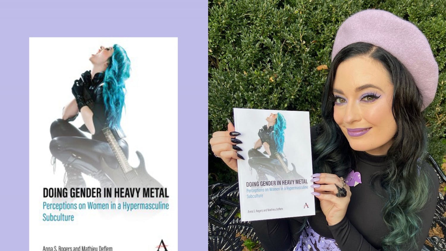 Anna Rogers, PhD, a USC alum, pictured with a book she wrote with USC professor Mathieu Deflem, titled “Doing Gender in Heavy Metal: Perceptions on Women in a Hypermasculine Subculture.”