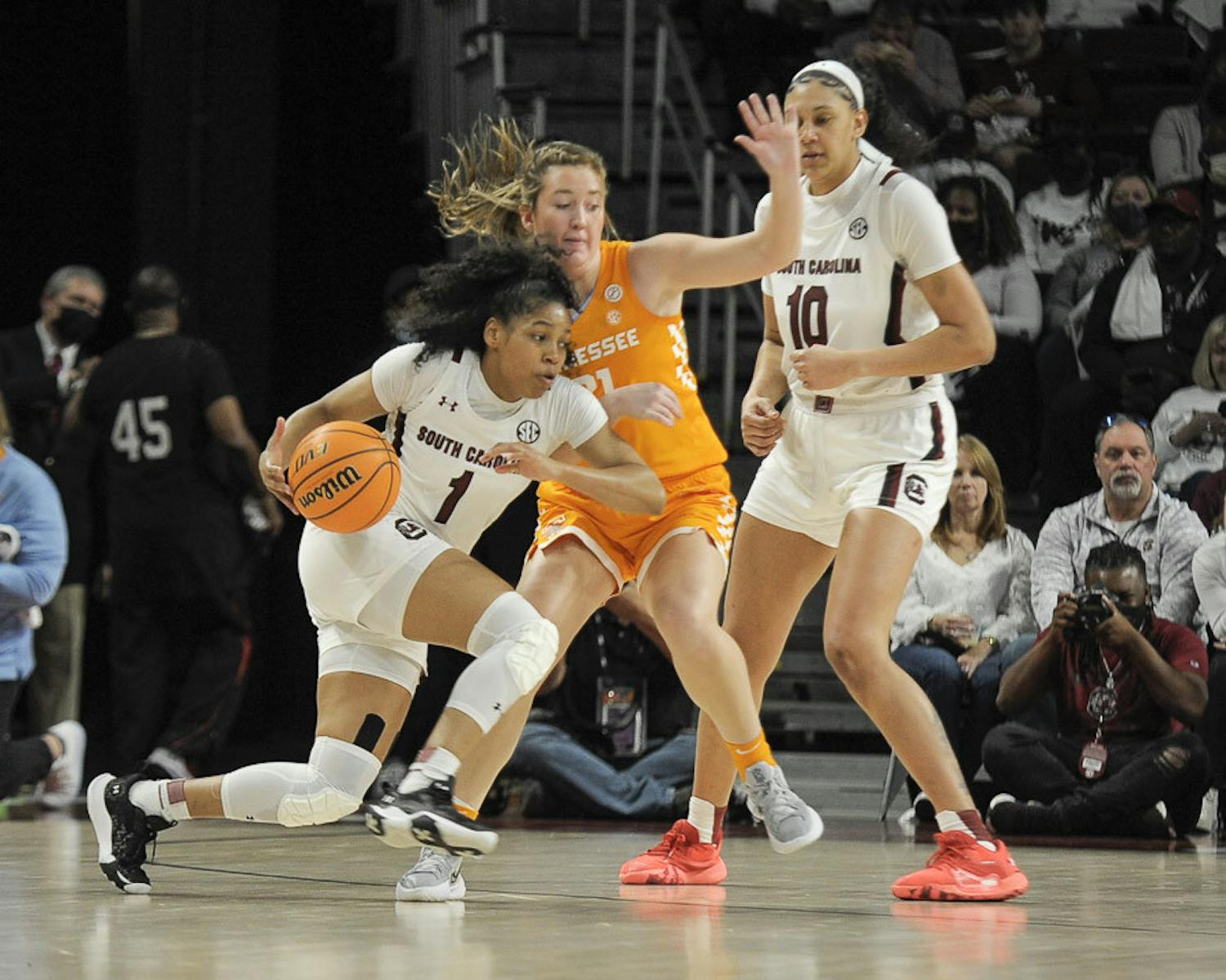 FILE—Senior guard Zia Cooke gets fouled while going towards the basket during the game against Tennessee on Feb. 23, 2022, at Colonial Life Arena. The Gamecocks beat the Volunteers for the second time in the 2022-2023 season during the SEC tournament in Greenville, South Carolina on March 5, 2023.&nbsp;