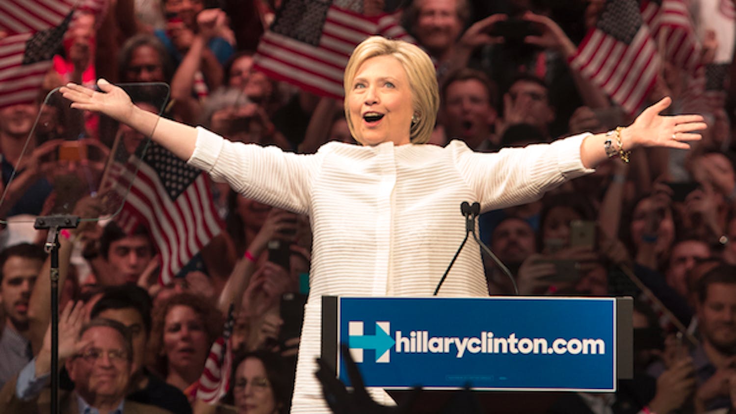 Democratic presidential candidate Hillary Clinton addresses her supporters at a rally in
Brooklyn, New York, after clinching the nomination on
Tuesday, June 7, 2016. (Carolyn Cole/Los Angeles Times/TNS)