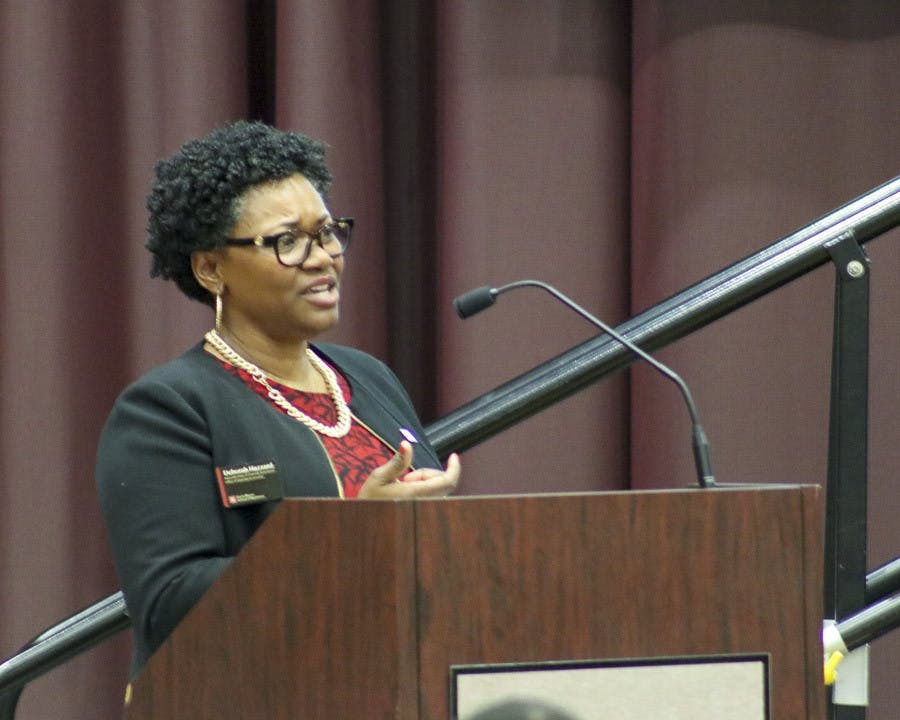 Deborah Hazzard, the dean of diversity and inclusion at the Darla Moore School of Business, speaks on the importance of diversity during the Alpha Kappa Psi "Being Black in the Work Place" event at the Russell House Ballroom on Feb. 20, 2023. “No matter what we looked like, no matter what the color of our skin, we’re human beings,” said Hazzard.