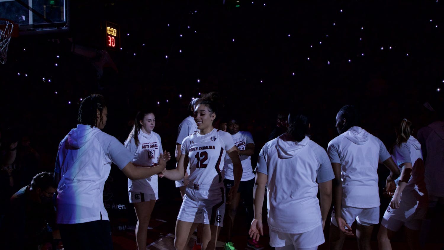 FILE—The USC women’s basketball team makes its entrance to the Colonial Life Arena on Jan. 13, 2022. Carolina heads to Mississippi to face the Rebels on Jan. 27, 2022.