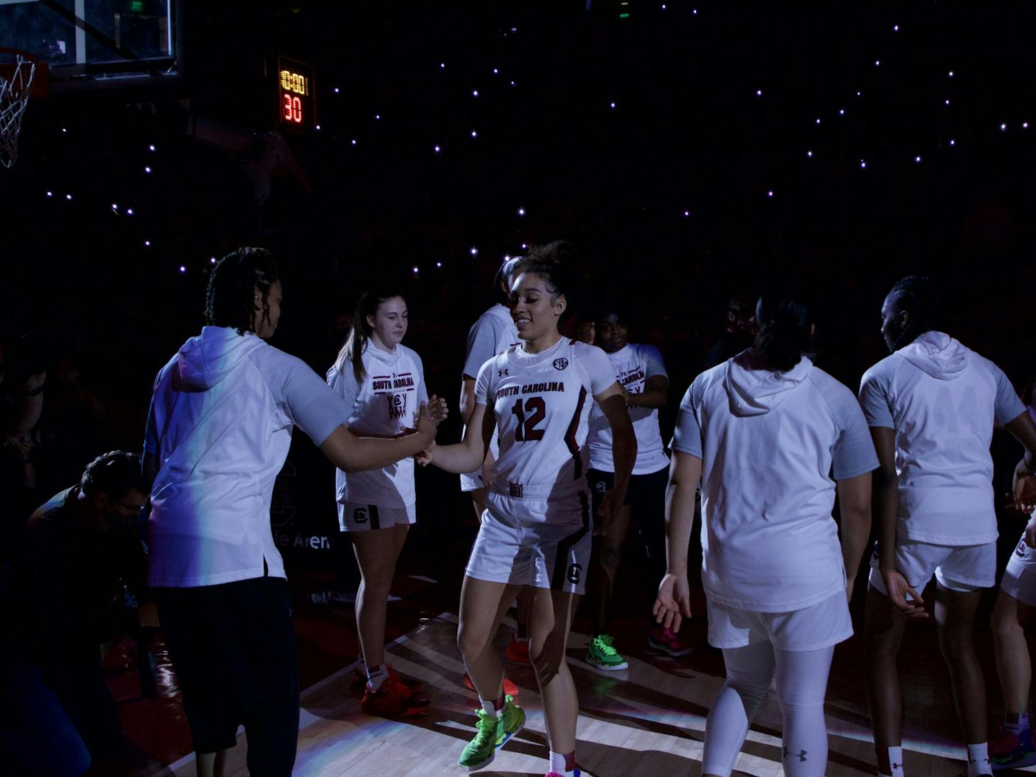 FILE—The USC women’s basketball team makes its entrance to the Colonial Life Arena on Jan. 13, 2022. Carolina heads to Mississippi to face the Rebels on Jan. 27, 2022.