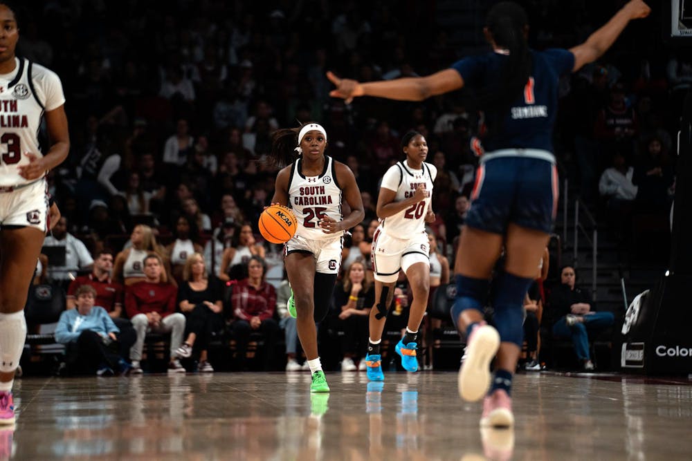 <p>Junior guard Raven Johnson dribbles down the court during the fourth quarter of the Auburn matchup against on Feb. 2, 2025 at the Colonial Life Arena. The Gamecocks defeated the Tigers 83-66.&nbsp;</p>