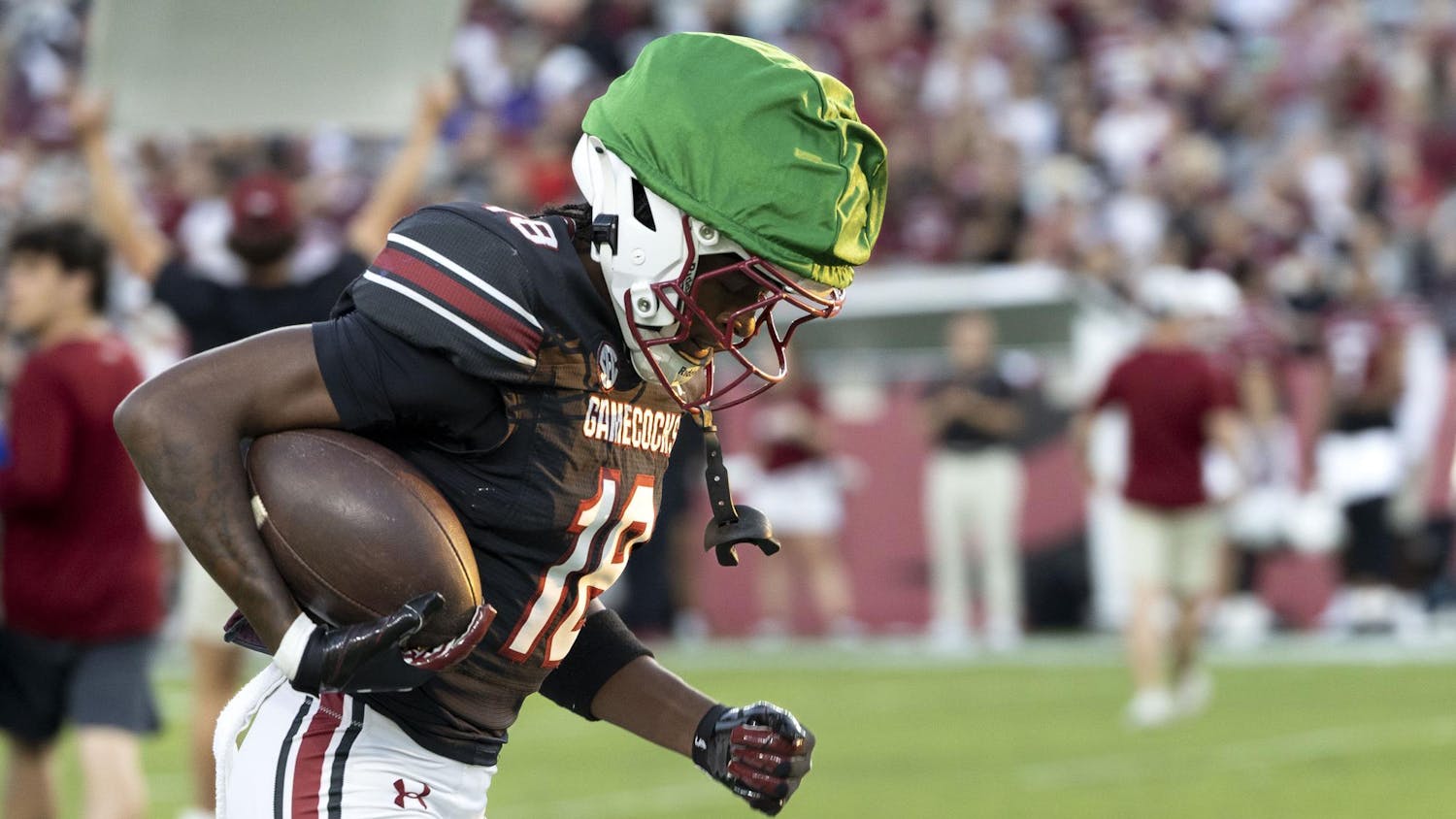 Freshman wide receiver Brian Rowe Jr. returns a kick during the 2025 spring game at Williams Brice Stadium on Friday, April 18, 2025. Rowe enrolled at USC in January after graduating from Jam M. Robinson High School where he totaled 120 catches during three seasons.