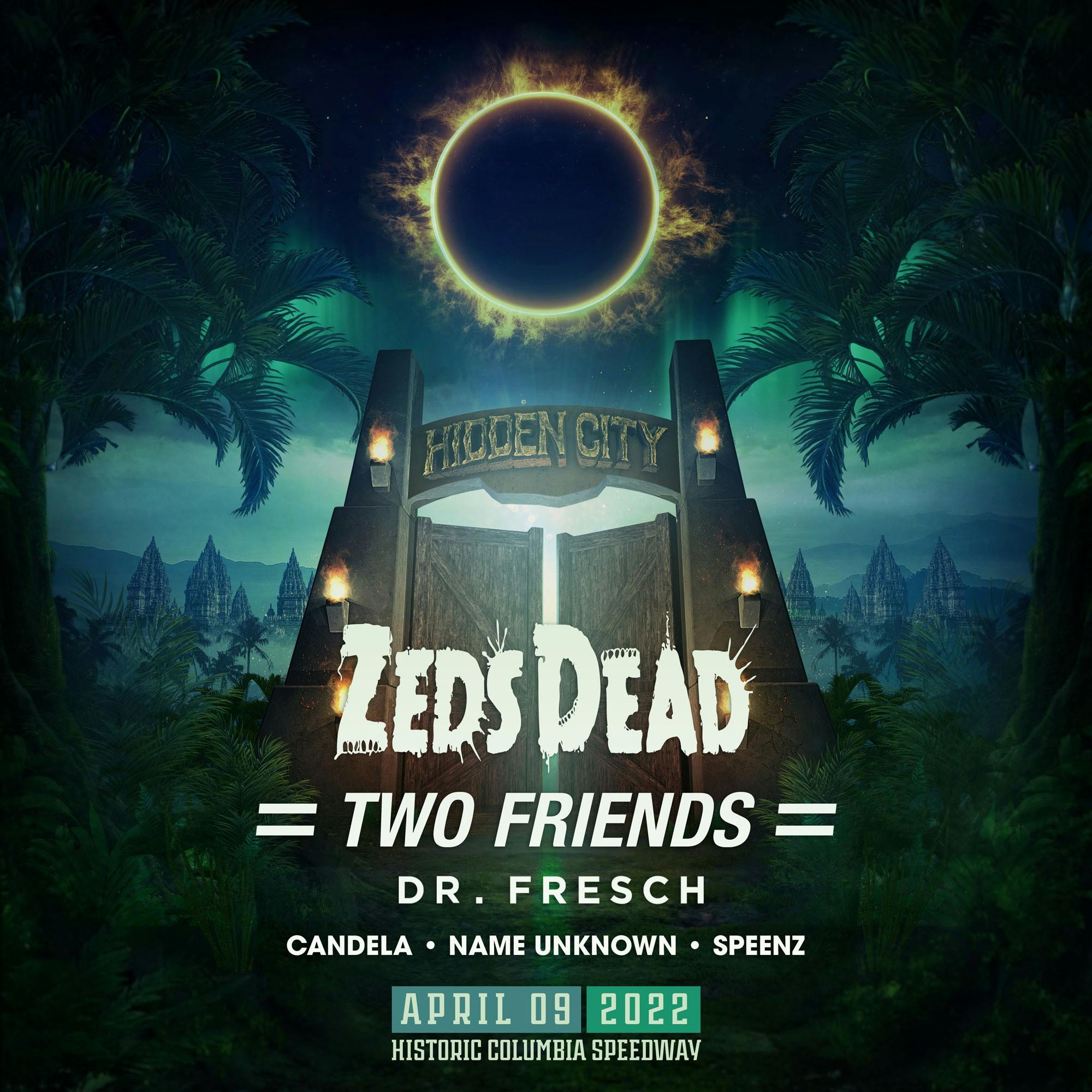 Graphic for the Hidden City Music Festival at the Historic Columbia Speedway. The concert takes place on April 9, 2022.