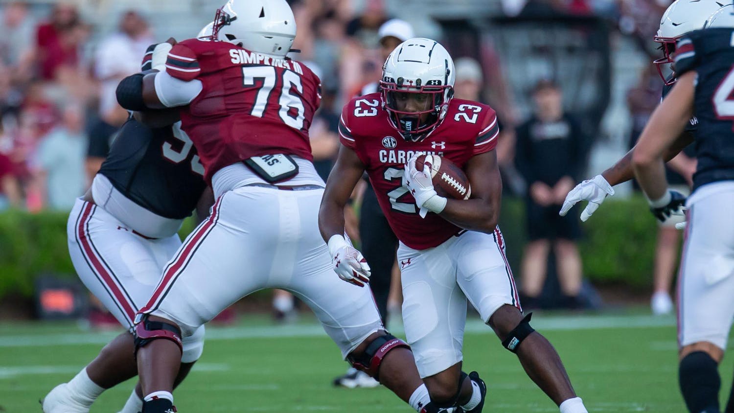 Sophomore running back Djay Braswell carries the ball during the 2024 Garnet &amp; Black Spring Game at Williams-Brice Stadium on April 20, 2024. Braswell rushed for 26 yards in the Garnet team's 17-0 victory over the Black team.