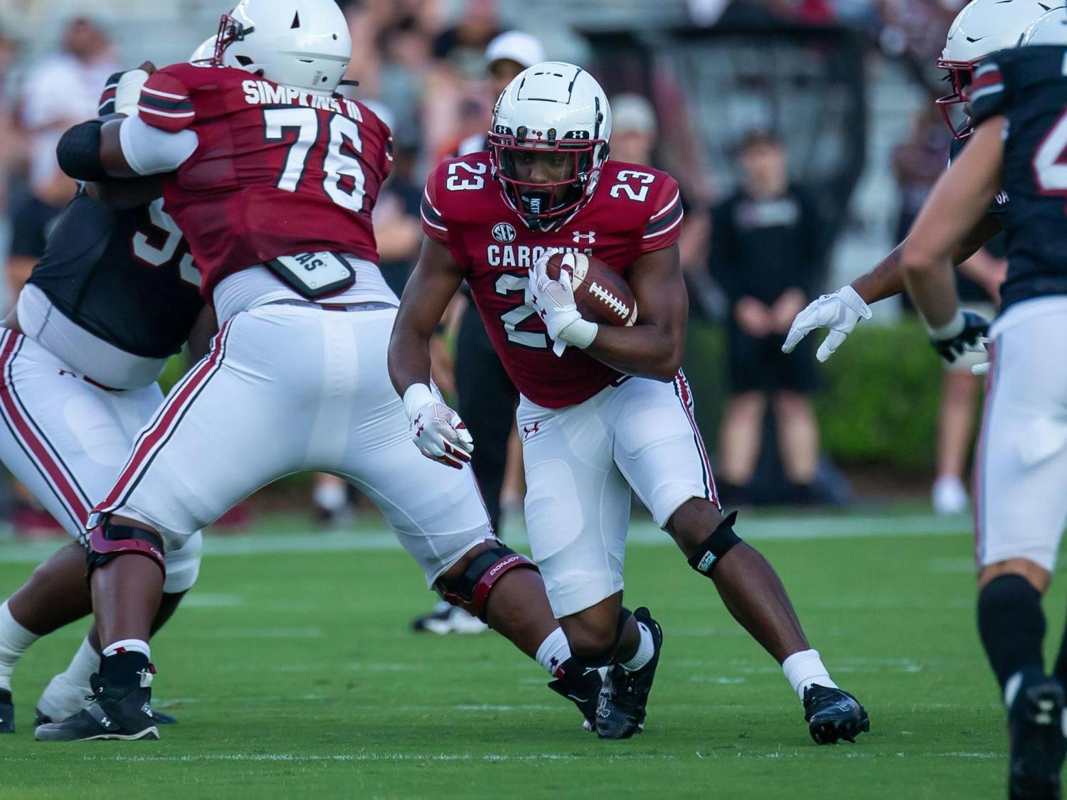 Sophomore running back Djay Braswell carries the ball during the 2024 Garnet &amp; Black Spring Game at Williams-Brice Stadium on April 20, 2024. Braswell rushed for 26 yards in the Garnet team's 17-0 victory over the Black team.
