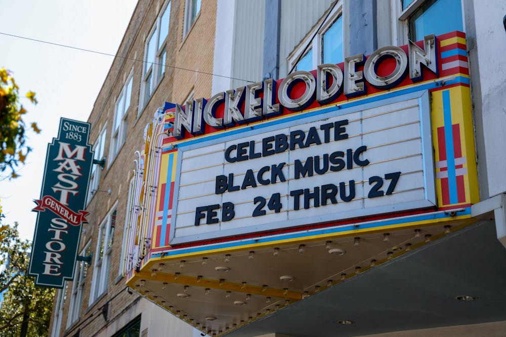 <p>A sign reading "CELEBRATE BLACK MUSIC FEB 24 THRU 27" sits outside The Nickelodeon Theater on Feb. 25, 2025. The Nick, in collaboration with local artists, will host a screening of four films exploring the stories, sounds and cultural legacies of Black musicians.</p>