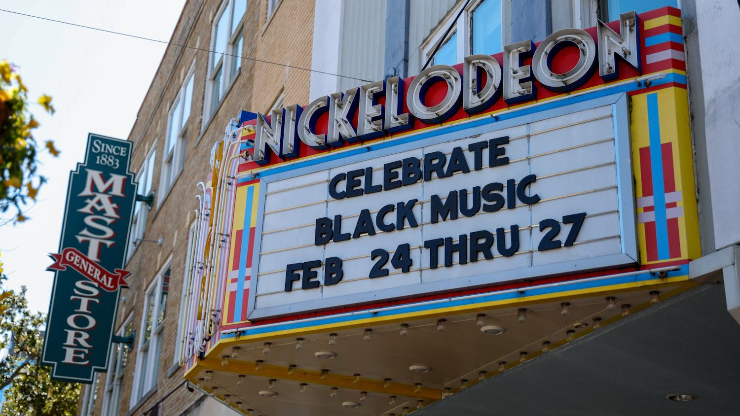 A sign reading "CELEBRATE BLACK MUSIC FEB 24 THRU 27" sits outside The Nickelodeon Theater on Feb. 25, 2025. The Nick, in collaboration with local artists, will host a screening of four films exploring the stories, sounds and cultural legacies of Black musicians.