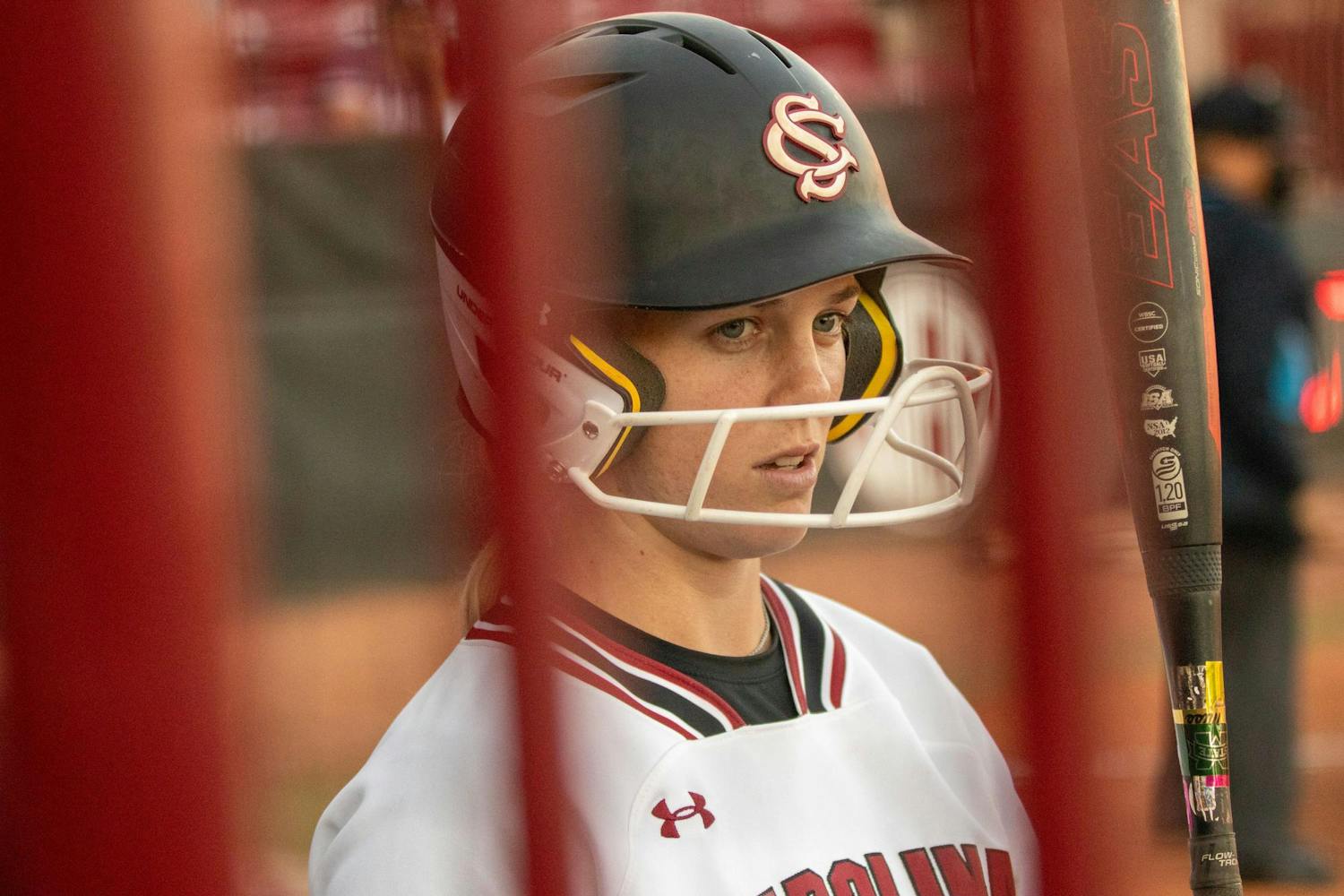 Senior infielder Riley Blampied looks to the dugout before an at-bat during South Carolina's game against Mississippi State on April 5, 2024. Blampied earned one hit in three at-bats during the ɫɫƵs' 6-0 loss to the Bulldogs.