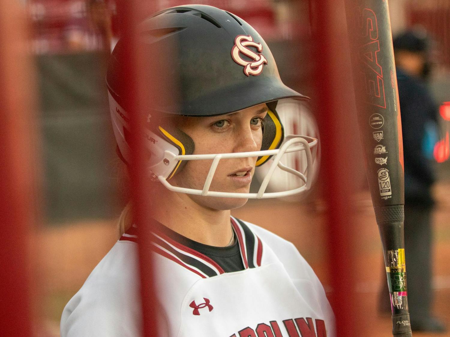 Senior infielder Riley Blampied looks to the dugout before an at-bat during South Carolina's game against Mississippi State on April 5, 2024. Blampied earned one hit in three at-bats during the Gamecocks' 6-0 loss to the Bulldogs.