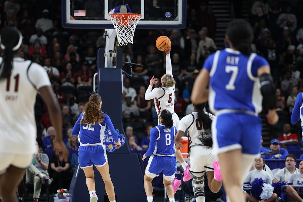 <p>Junior guard Tessa Johnson lays up the ball on a fast break against Kentucky during the 2026 SEC Tournament at Bon Secours Wellness Arena. The Gamecocks are now 1-0 in the tournament.</p>