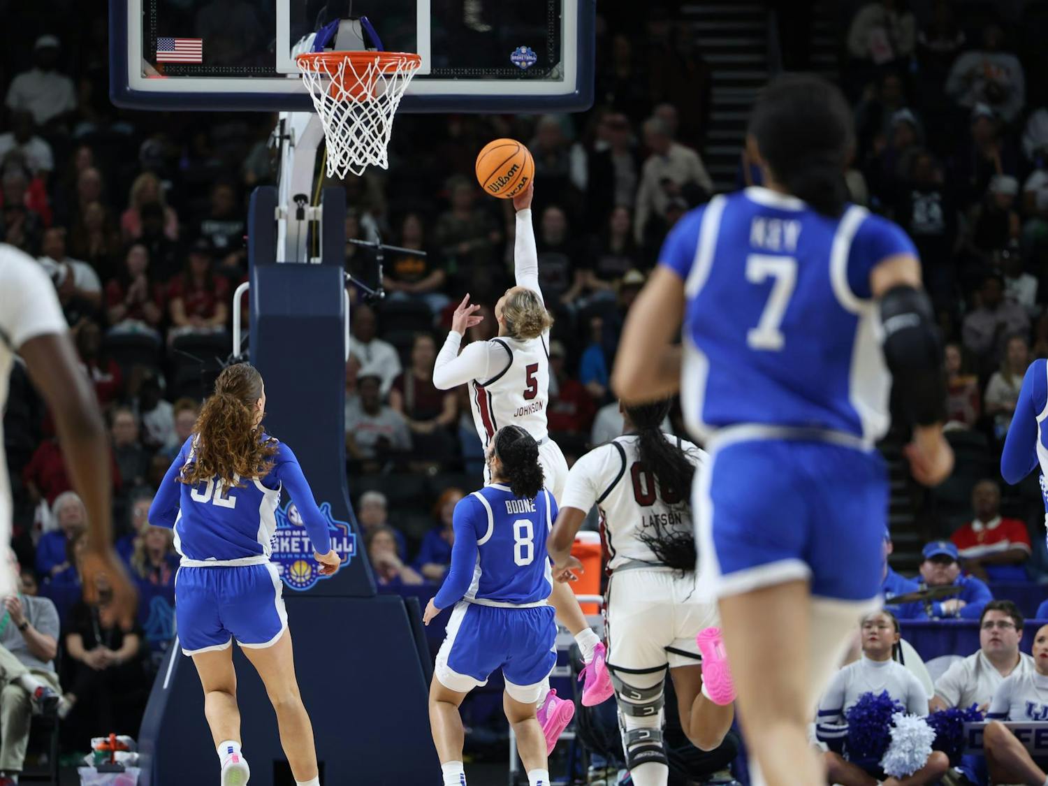 Junior guard Tessa Johnson lays up the ball on a fast break against Kentucky during the 2026 SEC Tournament at Bon Secours Wellness Arena. The Gamecocks are now 1-0 in the tournament.