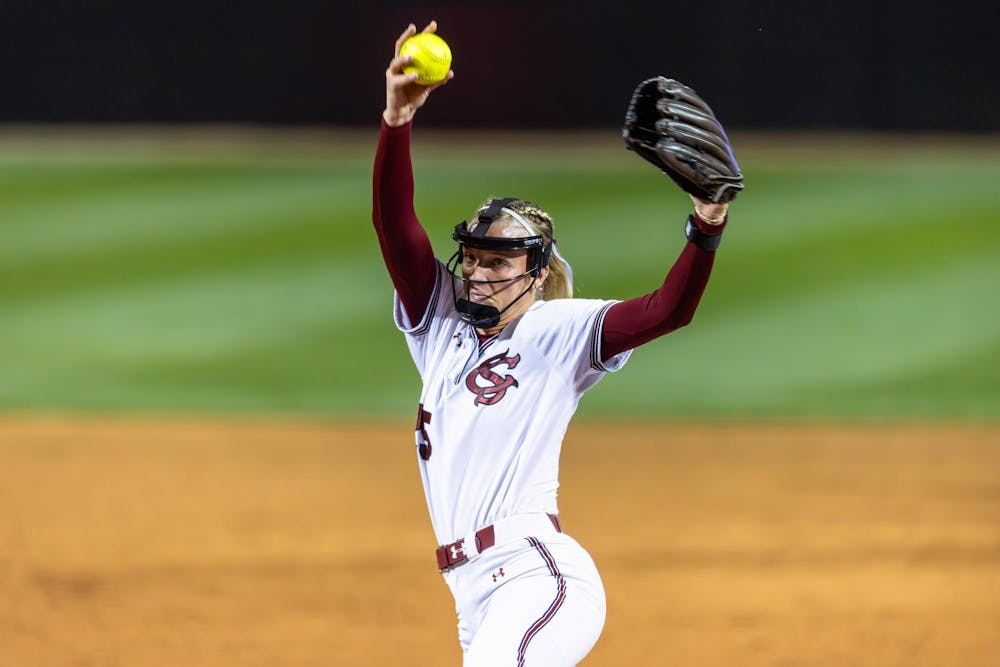 <p>Senior pitcher Jori Heard winds up a pitch during the game against Texas on March 6, 2026. Heard pitched 12 strikeouts total over the weekend's three games.</p>