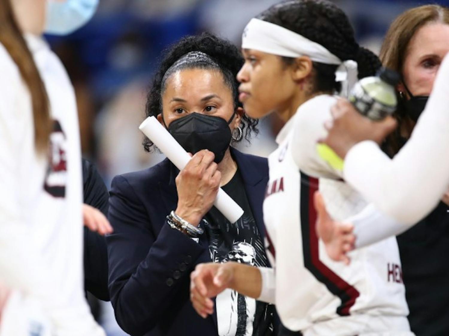 Dawn Staley coaches from the sidelines during the NCAA Regional Final game against Texas.