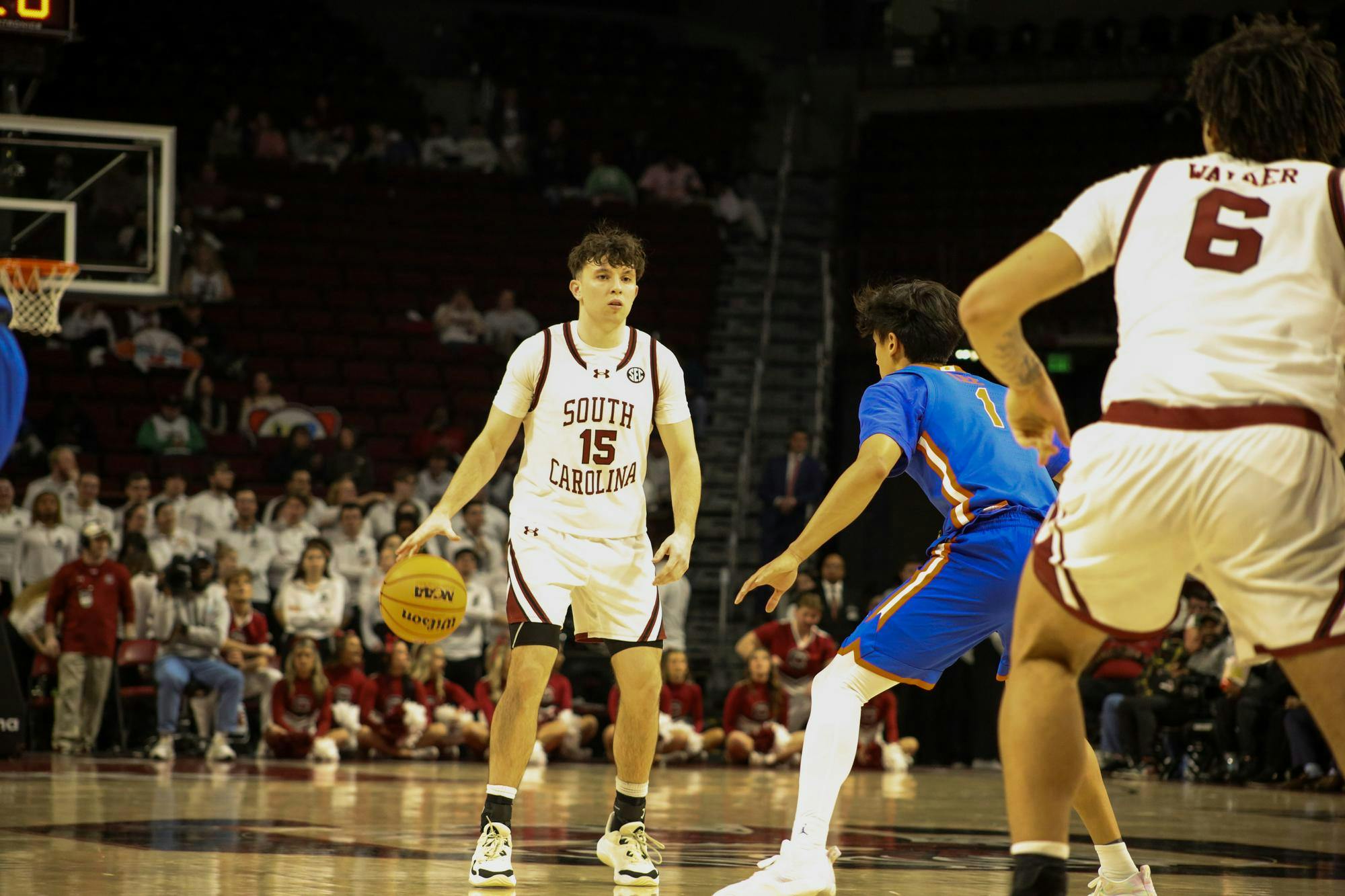 Freshman guard Eli Ellis stands on the court with a basketball in hand Jan. 28, 2026, at the Colonial Life Arena. Ellis scored 13 points for the Gamecocks, now totaling to 232 points for this season.