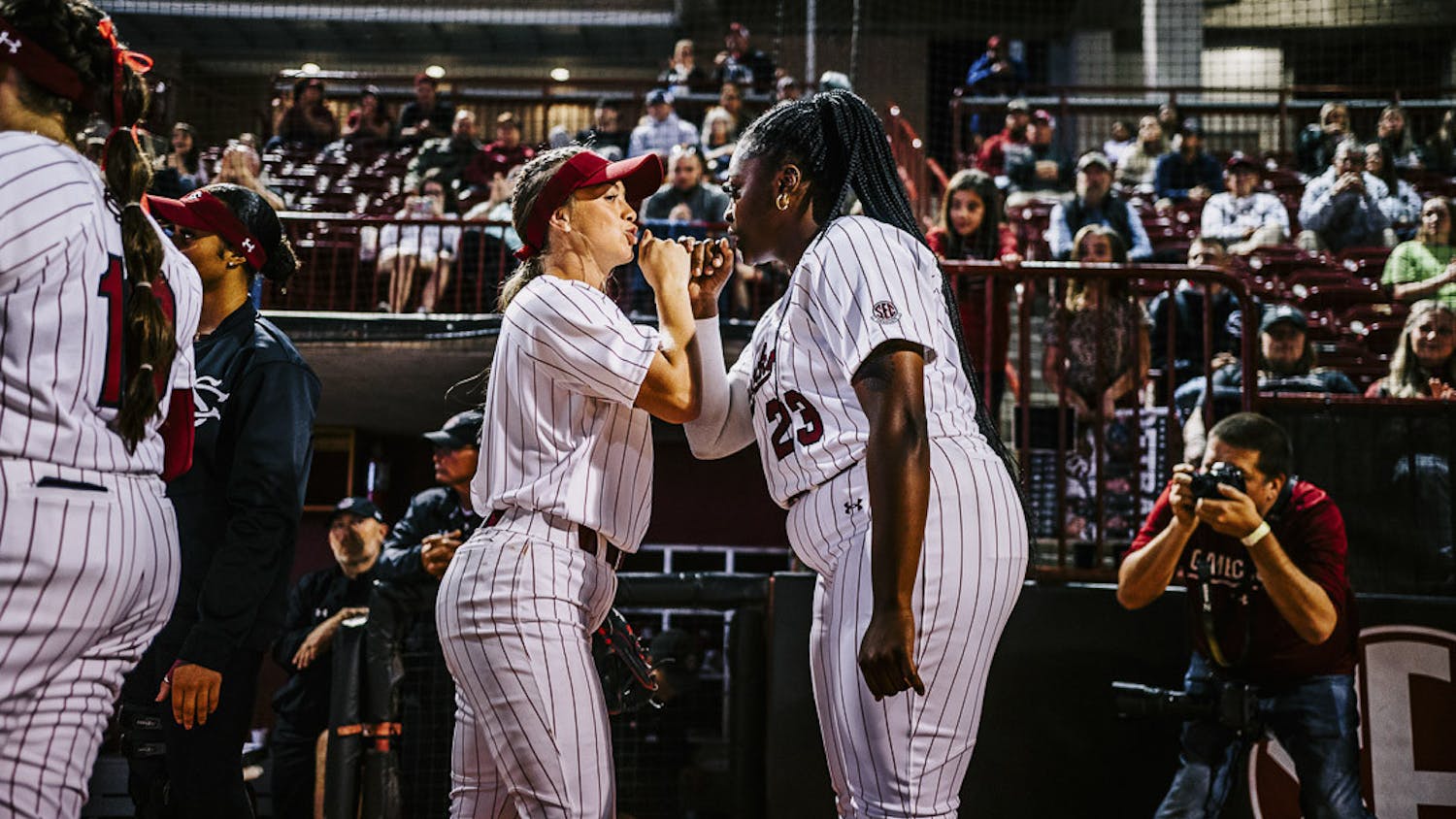 The South Carolina softball team started it's home slate off with a 8-0, six-inning win against the College of Charleston at Carolina Softball Stadium at Beckham Field on Feb. 15, 2023. The Gamecocks had an aggressive offense and an ironclad defense, only allowing the Cougars three hits in the entire game. The Gamecocks move on to play East Tennessee State on Feb. 16, 2023.&nbsp;