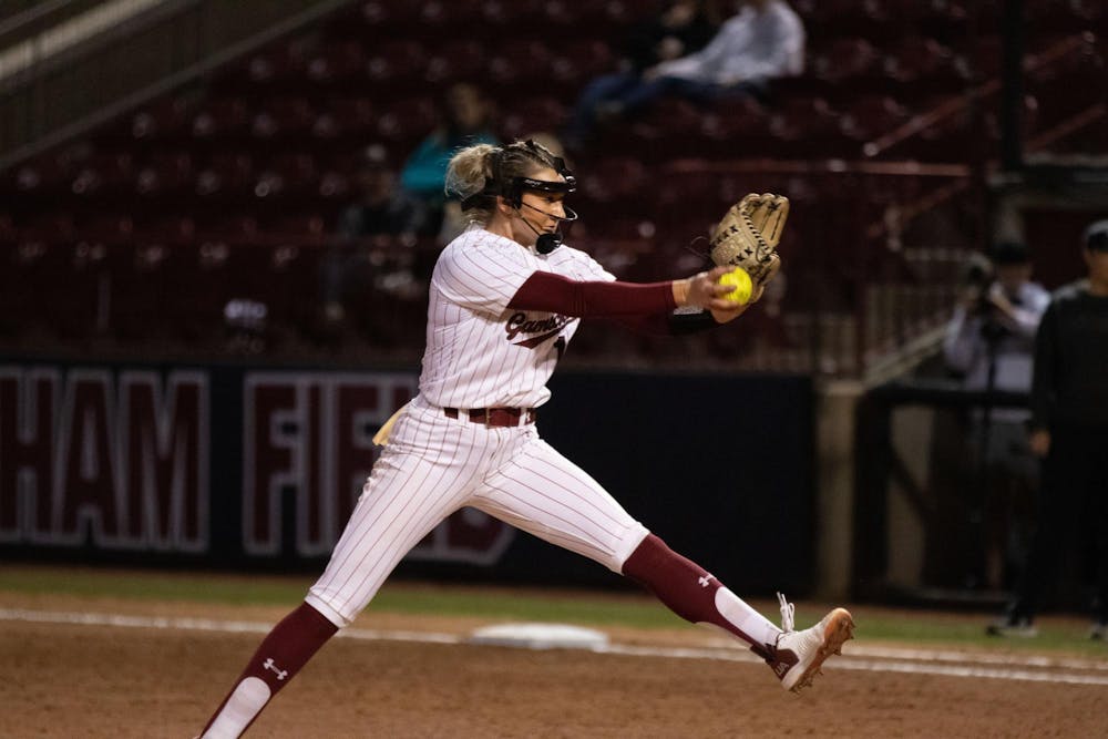 <p>FILE — Freshman pitcher Sage Mardjetko throws a pitch in South Carolina's Carolina Classic tournament game against Jacksonville State on Feb. 9, 2024, at Beckham Field. Mardjetko struck out four batters in the ɫɫƵs' 4-3 victory over the ɫɫƵs.</p>
