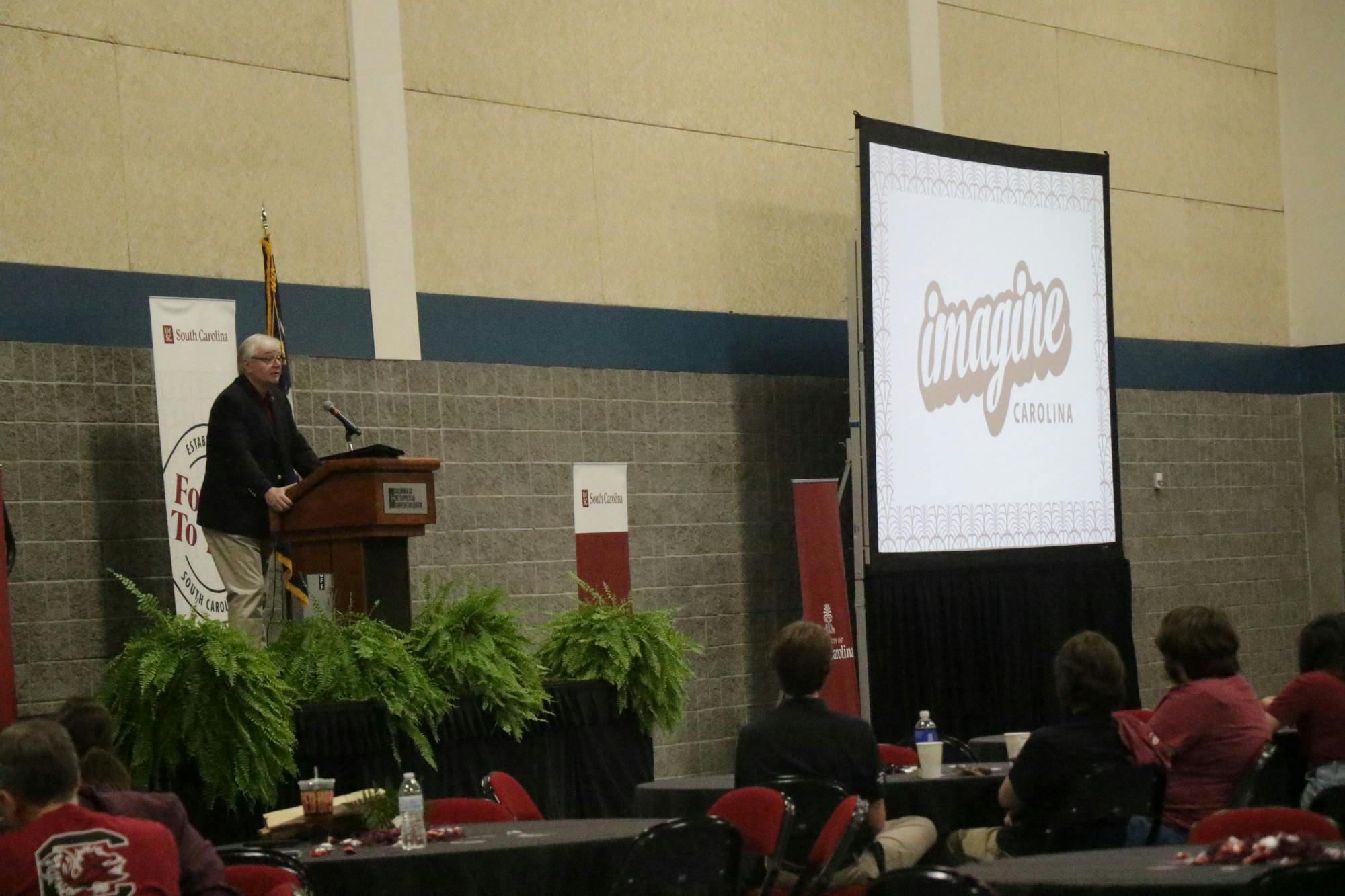FILE—University of South Carolina President Michael Amiridis addresses students at the Imagine Carolina event in the Columbia Metropolitan Convention Center on September 11, 2022. The event was used to gather information from students about what the problems they see at the university.