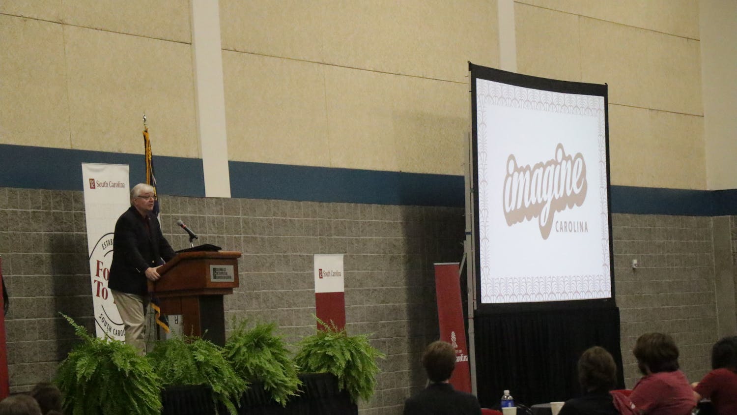 FILE—University of South Carolina President Michael Amiridis addresses students at the Imagine Carolina event in the Columbia Metropolitan Convention Center on September 11, 2022. The event was used to gather information from students about what the problems they see at the university.