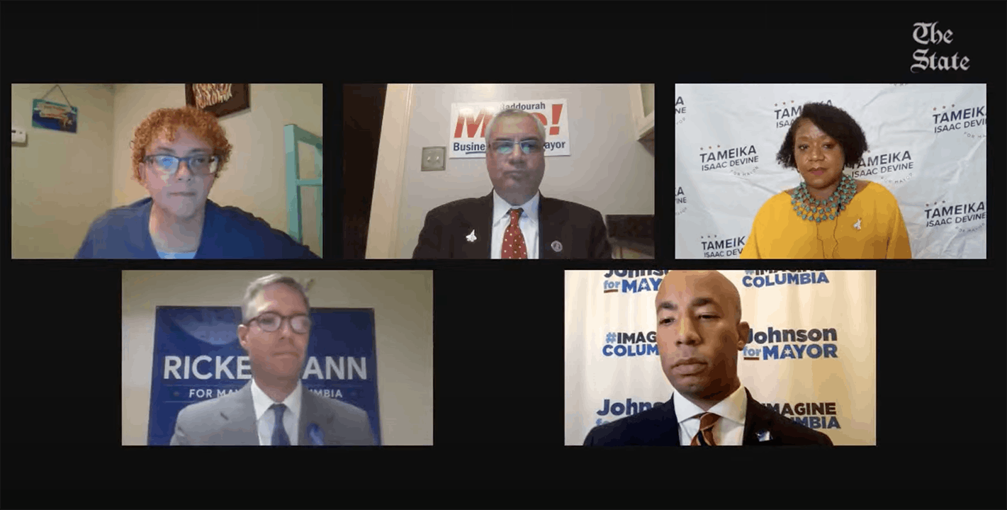 Mayoral candidates for Columbia during The State's virtual debate Wednesday, Oct. 6. The candidates are Daniel Rickenmann, Tameika Isaac Devine, Sam Johnson and Moe Baddourah. The general election is Nov. 2. &nbsp;