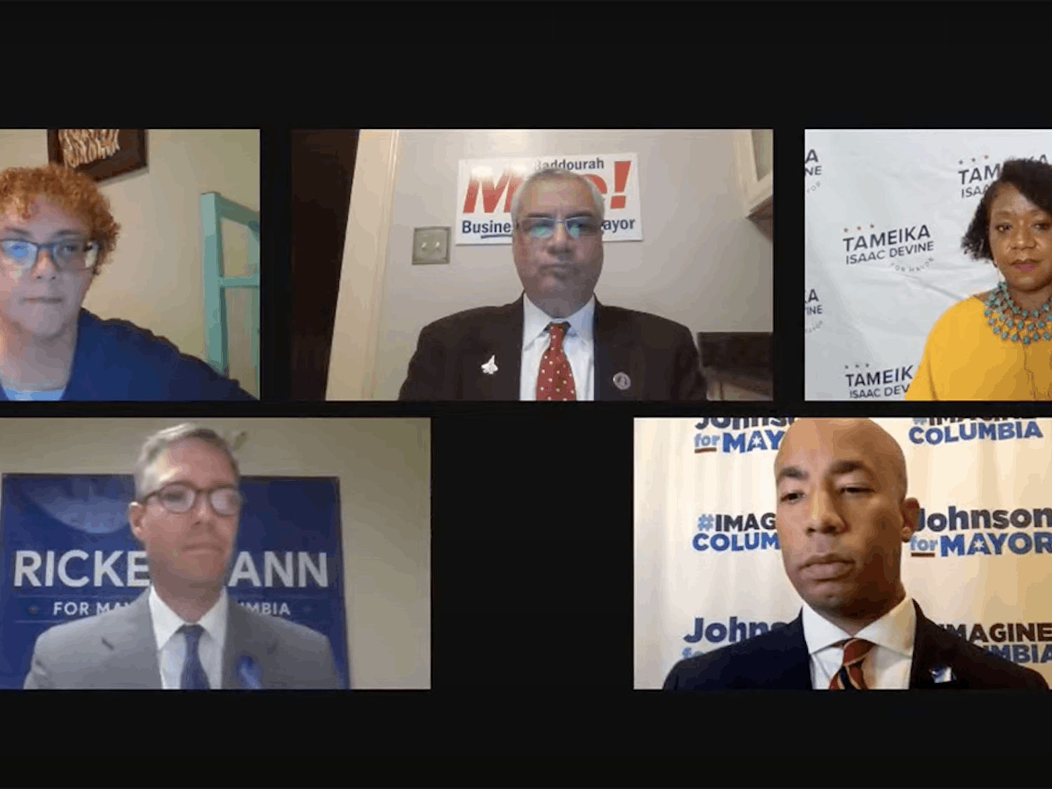 Mayoral candidates for Columbia during The State's virtual debate Wednesday, Oct. 6. The candidates are Daniel Rickenmann, Tameika Isaac Devine, Sam Johnson and Moe Baddourah. The general election is Nov. 2. &nbsp;