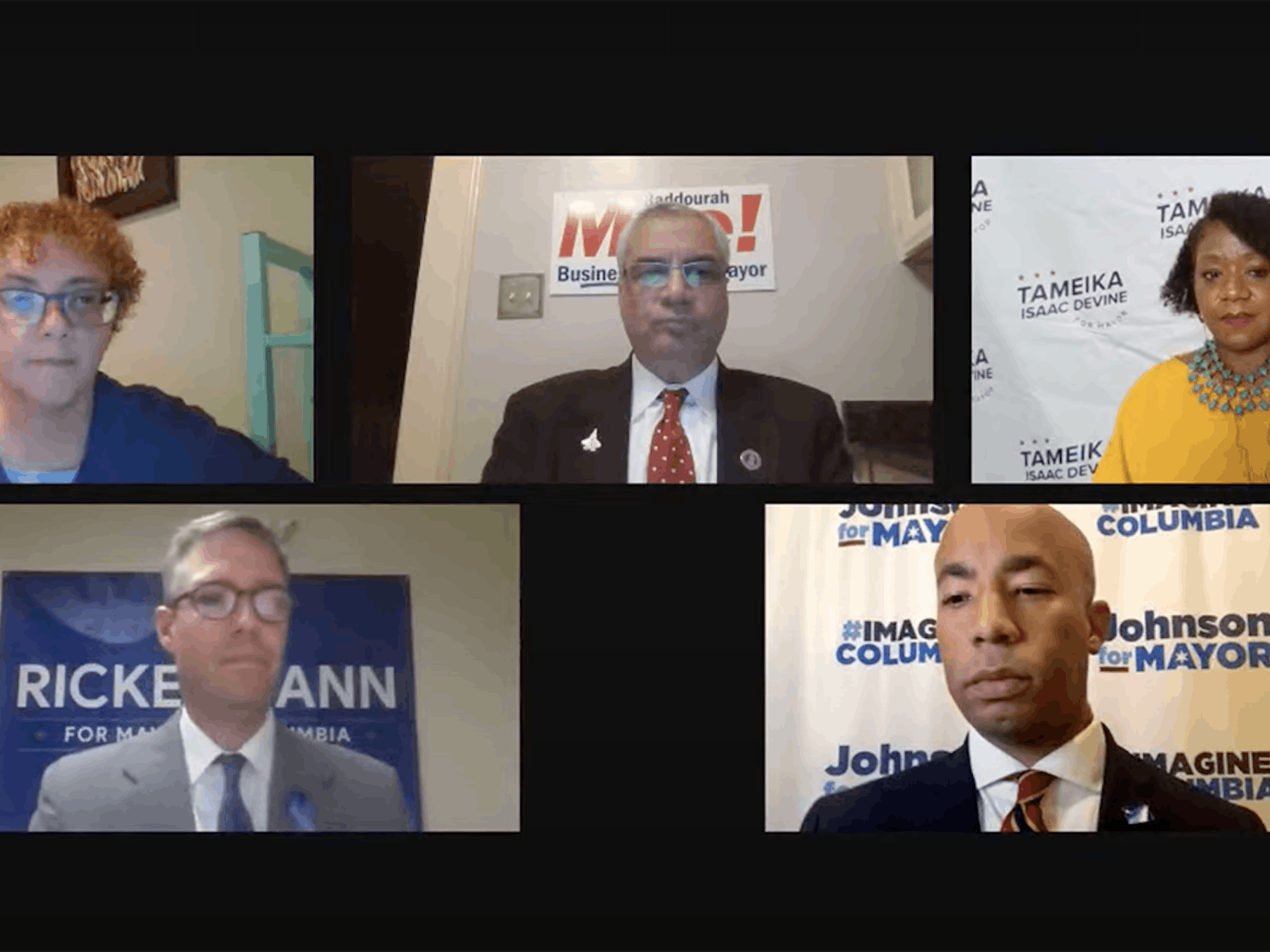 Mayoral candidates for Columbia during The State's virtual debate Wednesday, Oct. 6. The candidates are Daniel Rickenmann, Tameika Isaac Devine, Sam Johnson and Moe Baddourah. The general election is Nov. 2. 