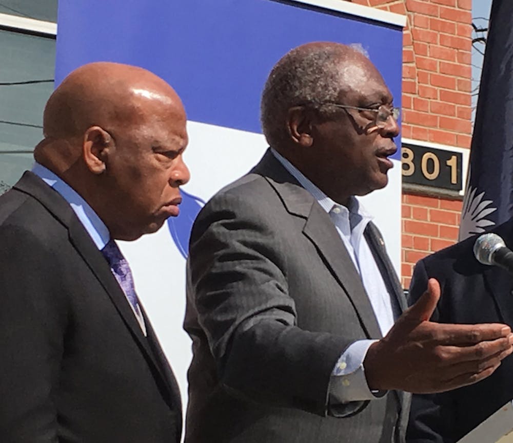 <p> U.S. Reps. John Lewis, D- Ga., and Jim Clyburn, D- Sc., speak to reporters kicking off the Faith and Politics Institute civil-rights pilgrimage in South Carolina on Friday, March 18, 2016 in Columbia. (Jamie Self/The State/TNS) </p>