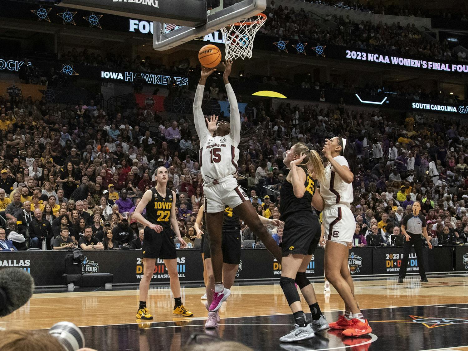 Senior forward Laeticia Amihere attempts a layup during the Women’s Final Four match on March 31, 2023. Amihere added 8 points in her 15 minutes of play to the Gamecocks' 73 points.