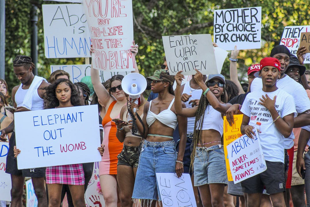 Protestors hold up pro-choice signs during the Dobbs v. Jackson protest at the South Carolina Statehouse on June 25, 2022. The protest came as a response to the overturning of the landmark Roe v. Wade case earlier that June.