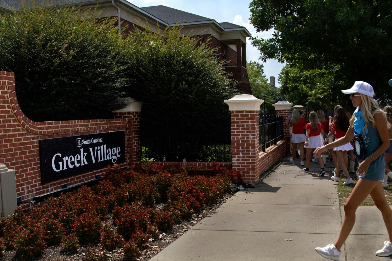 FILE — University of South Carolina sorority members walk into Greek Village on Aug. 27, 2023. 鶹С򽴫ý is looking for ways to expand Greek Village so that more fraternities and sororites can have a house on campus. 